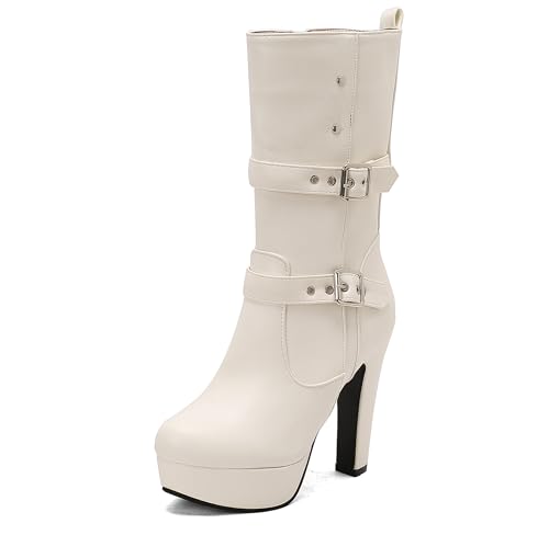 Lroey Reoly Damen Hohen Blockabsatz Hohe Stiefel mit Plateau Runde Zehen Party Dx989 Weiß Gr 45 EU von Lroey Reoly
