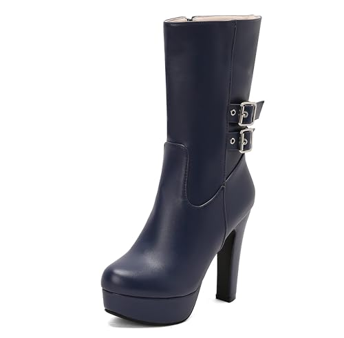 Lroey Reoly Damen Hohen Blockabsatz Hohe Stiefel mit Plateau Runde Zehen Party Dx990 Blau Gr 36 EU von Lroey Reoly