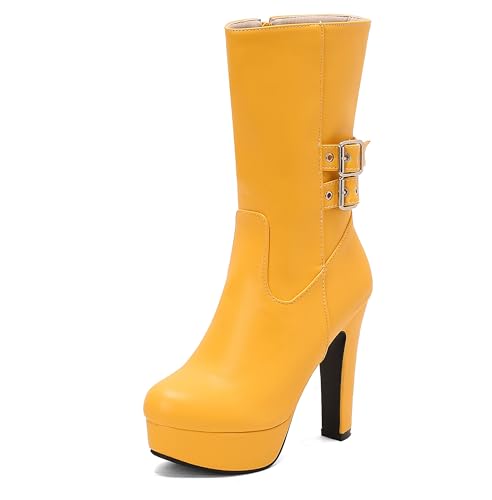 Lroey Reoly Damen Hohen Blockabsatz Hohe Stiefel mit Plateau Runde Zehen Party Dx990 Gelb Gr 42 EU von Lroey Reoly