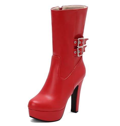 Lroey Reoly Damen Hohen Blockabsatz Hohe Stiefel mit Plateau Runde Zehen Party Dx990 Rot Gr 36 EU von Lroey Reoly