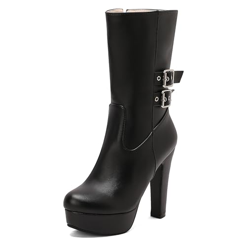 Lroey Reoly Damen Hohen Blockabsatz Hohe Stiefel mit Plateau Runde Zehen Party Dx990 Schwarz Gr 49 EU von Lroey Reoly