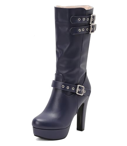 Lroey Reoly Damen Hohen Blockabsatz Hohe Stiefel mit Plateau Runde Zehen Party Dx991 Blau Gr 41 EU von Lroey Reoly