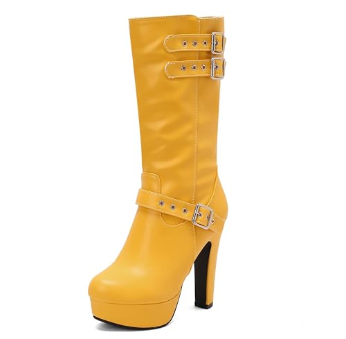 Lroey Reoly Damen Hohen Blockabsatz Hohe Stiefel mit Plateau Runde Zehen Party Dx991 Gelb Gr 38 EU von Lroey Reoly