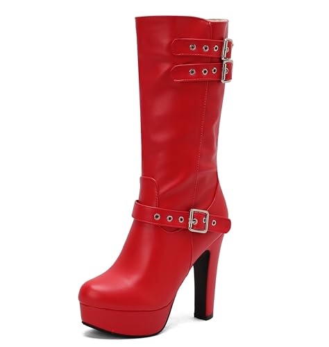 Lroey Reoly Damen Hohen Blockabsatz Hohe Stiefel mit Plateau Runde Zehen Party Dx991 Rot Gr 48 EU von Lroey Reoly