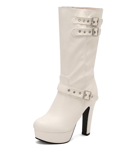 Lroey Reoly Damen Hohen Blockabsatz Hohe Stiefel mit Plateau Runde Zehen Party Dx991 Weiß Gr 49 EU von Lroey Reoly