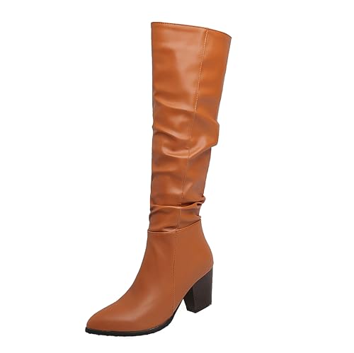 Lroey Reoly Damen Hohen Blockabsatz Kniehohe Stiefel Pointed Toe Slouch Cx862 Braun Gr 38 EU von Lroey Reoly