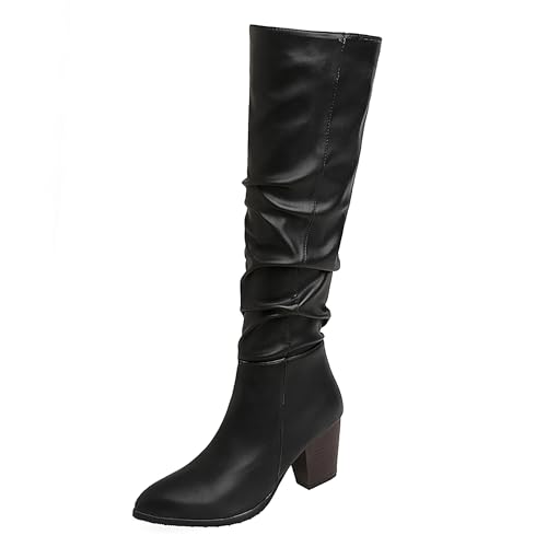 Lroey Reoly Damen Hohen Blockabsatz Kniehohe Stiefel Pointed Toe Slouch Cx862 Schwarz Gr 53 EU von Lroey Reoly