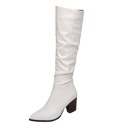 Lroey Reoly Damen Hohen Blockabsatz Kniehohe Stiefel Pointed Toe Slouch Cx862 Weiß Gr 40 EU von Lroey Reoly