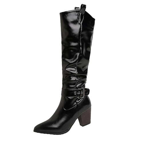 Lroey Reoly Damen Hohen Blockabsatz Kniehohe Stiefel Pointed Toe Slouch Cx863 Schwarz Gr 47 EU von Lroey Reoly