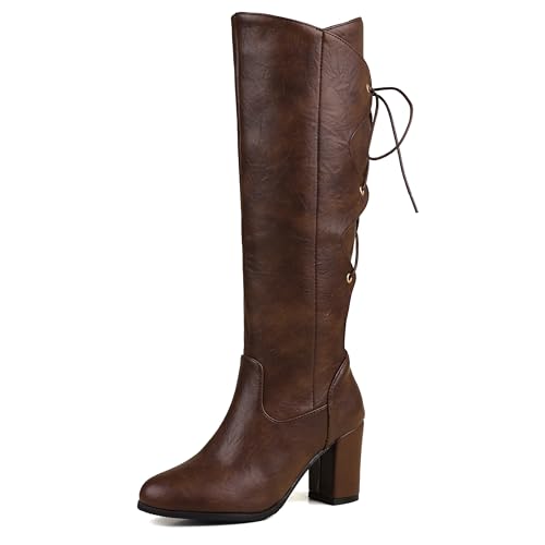 Lroey Reoly Damen Hohen Blockabsatz Kniehohe Stiefel Runde Zehen Abend Cx873 Braun Gr 42 EU von Lroey Reoly