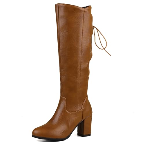 Lroey Reoly Damen Hohen Blockabsatz Kniehohe Stiefel Runde Zehen Abend Cx873 Gelb Gr 36 EU von Lroey Reoly