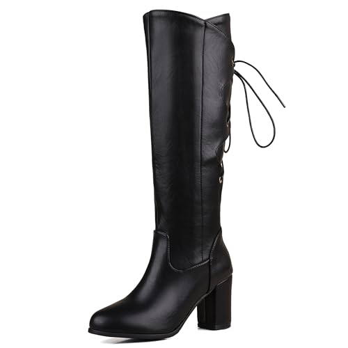 Lroey Reoly Damen Hohen Blockabsatz Kniehohe Stiefel Runde Zehen Abend Cx873 Schwarz Gr 43 EU von Lroey Reoly