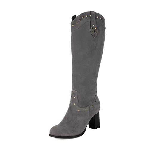 Lroey Reoly Damen Hohen Blockabsatz Kniehohe Stiefel Runde Zehen Cowboy Cx857 Grau Gr 41 EU von Lroey Reoly