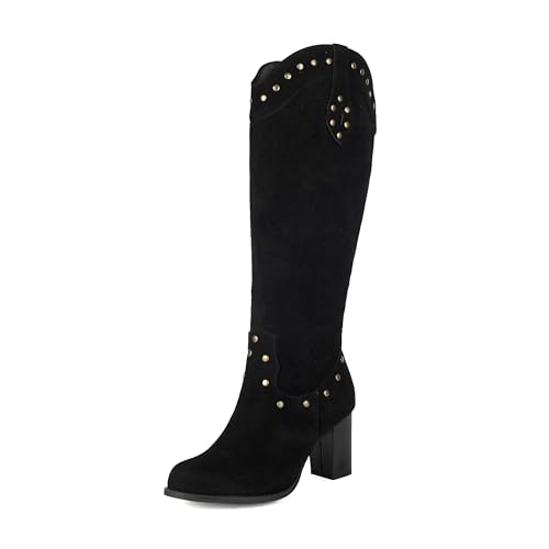 Lroey Reoly Damen Hohen Blockabsatz Kniehohe Stiefel Runde Zehen Cowboy Cx857 Schwarz Gr 39 EU von Lroey Reoly