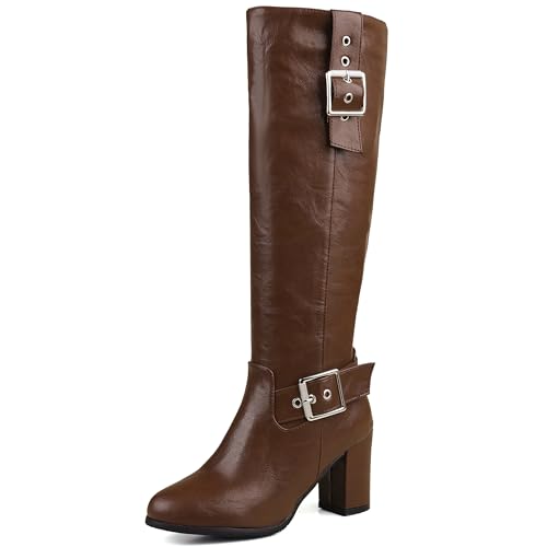 Lroey Reoly Damen Hohen Blockabsatz Kniehohe Stiefel Runde Zehen Daily Cx872 Braun Gr 45 EU von Lroey Reoly