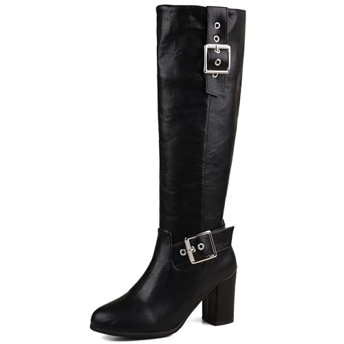 Lroey Reoly Damen Hohen Blockabsatz Kniehohe Stiefel Runde Zehen Daily Cx872 Schwarz Gr 51 EU von Lroey Reoly