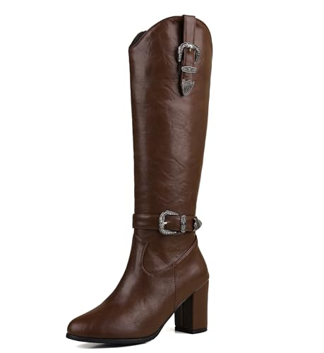 Lroey Reoly Damen Hohen Blockabsatz Kniehohe Stiefel Runde Zehen Party Cx874 Braun Gr 52 EU von Lroey Reoly