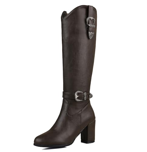 Lroey Reoly Damen Hohen Blockabsatz Kniehohe Stiefel Runde Zehen Party Cx874 Kaffee Gr 39 EU von Lroey Reoly