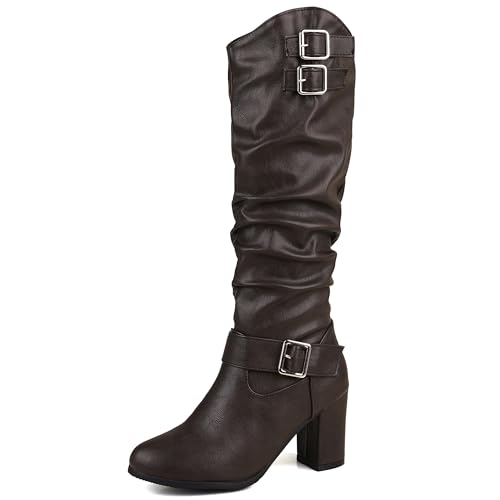 Lroey Reoly Damen Hohen Blockabsatz Kniehohe Stiefel Runde Zehen Slouch Cx871 Kaffee Gr 40 EU von Lroey Reoly