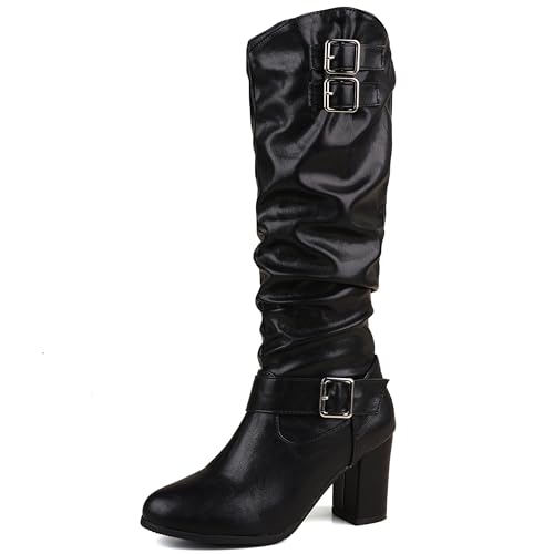 Lroey Reoly Damen Hohen Blockabsatz Kniehohe Stiefel Runde Zehen Slouch Cx871 Schwarz Gr 36 EU von Lroey Reoly
