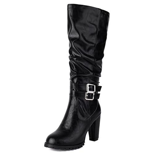 Lroey Reoly Damen Hohen Blockabsatz Kniehohe Stiefel mit Plateau Runde Zehen Slouch Cx880 Schwarz Gr 48 EU von Lroey Reoly