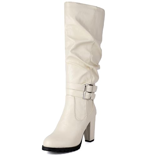 Lroey Reoly Damen Hohen Blockabsatz Kniehohe Stiefel mit Plateau Runde Zehen Slouch Cx880 Weiß Gr 38 EU von Lroey Reoly