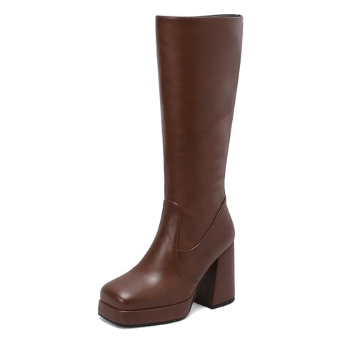 Lroey Reoly Damen Hohen Blockabsatz Kniehohe Stiefel mit Plateau Square Toe Daily Cx859 Braun Gr 40 EU von Lroey Reoly