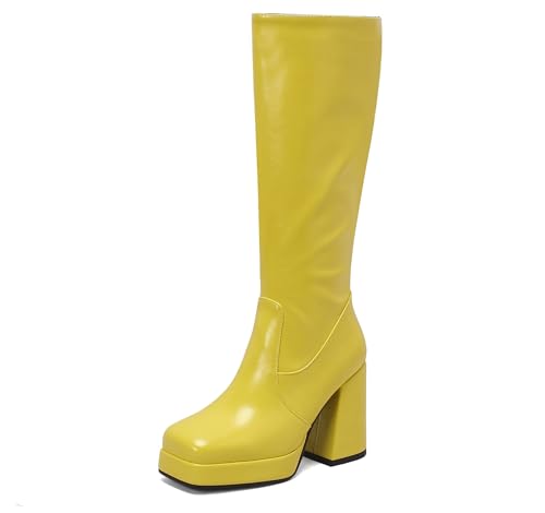 Lroey Reoly Damen Hohen Blockabsatz Kniehohe Stiefel mit Plateau Square Toe Daily Cx859 Gelb Gr 38 EU von Lroey Reoly