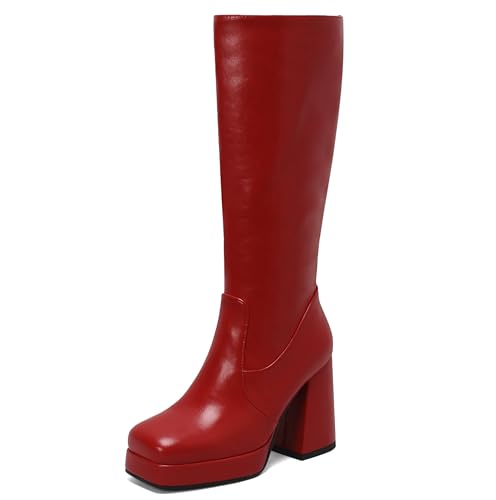 Lroey Reoly Damen Hohen Blockabsatz Kniehohe Stiefel mit Plateau Square Toe Daily Cx859 Rot Gr 34 EU von Lroey Reoly
