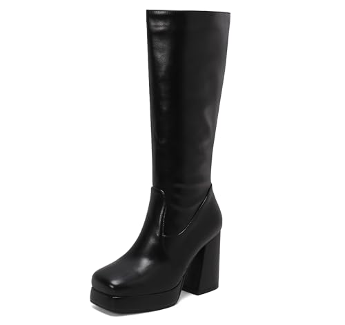Lroey Reoly Damen Hohen Blockabsatz Kniehohe Stiefel mit Plateau Square Toe Daily Cx859 Schwarz Gr 43 EU von Lroey Reoly