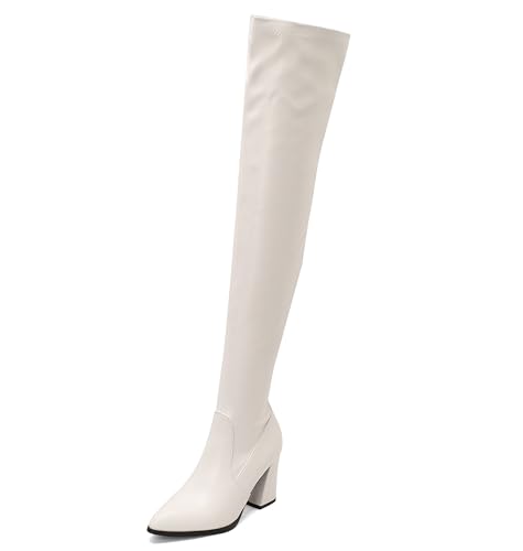 Lroey Reoly Damen Hohen Blockabsatz Overknee Stiefel Runde Zehen Party Cx856 Weiß Gr 35 EU von Lroey Reoly