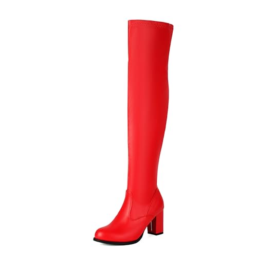 Lroey Reoly Damen Hohen Blockabsatz Overknee Stiefel Runde Zehen Party Cx858 Rot Gr 48 EU von Lroey Reoly