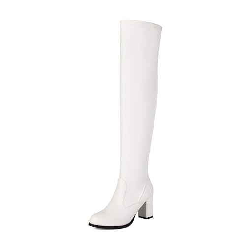 Lroey Reoly Damen Hohen Blockabsatz Overknee Stiefel Runde Zehen Party Cx858 Weiß Gr 45 EU von Lroey Reoly