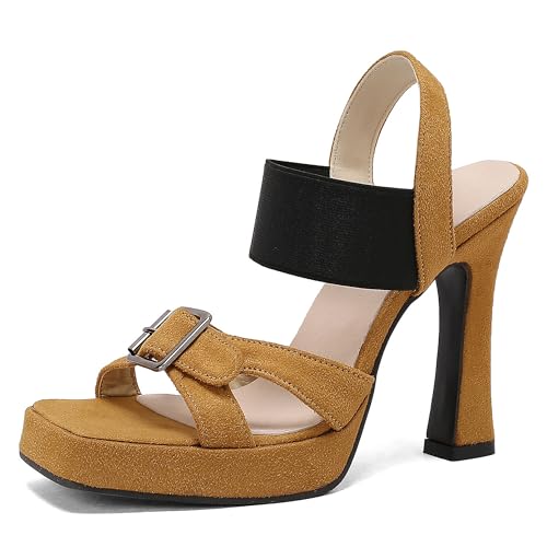 Lroey Reoly Damen Hohen Blockabsatz Sandals Square Toe Buro Schuhe Ls1010 Gelb Gr 48 EU von Lroey Reoly