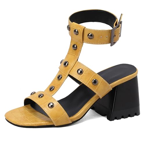 Lroey Reoly Damen Hohen Blockabsatz Sandals Square Toe Party Schuhe Ls1011 Gelb Gr 33 EU von Lroey Reoly