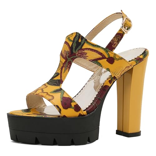 Lroey Reoly Damen Hohen Blockabsatz Sandals mit Plateau Runde Zehen Abendschuhe Ls1061 Gelb Gr 40 EU von Lroey Reoly