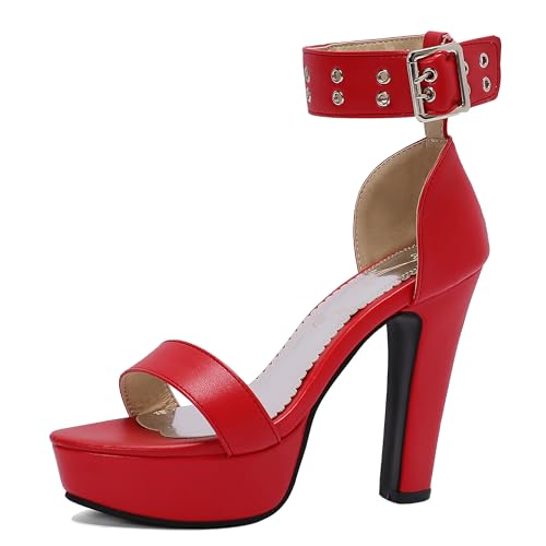 Lroey Reoly Damen Hohen Blockabsatz Sandals mit Plateau Runde Zehen Abendschuhe Ls1067 Rot Gr 45 EU von Lroey Reoly