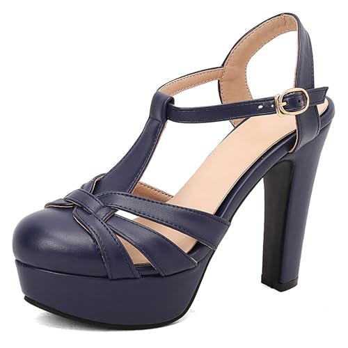 Lroey Reoly Damen Hohen Blockabsatz Sandals mit Plateau Runde Zehen Party Schuhe Ls1058 Blau Gr 37 EU von Lroey Reoly