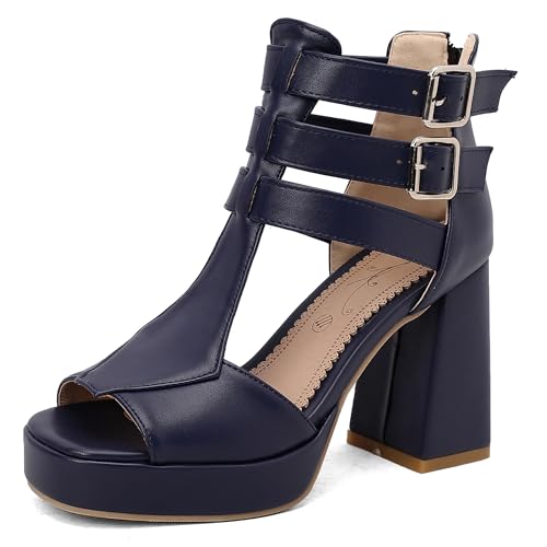 Lroey Reoly Damen Hohen Blockabsatz Sandals mit Plateau Square Toe Abendschuhe Ls1062 Blau Gr 48 EU von Lroey Reoly