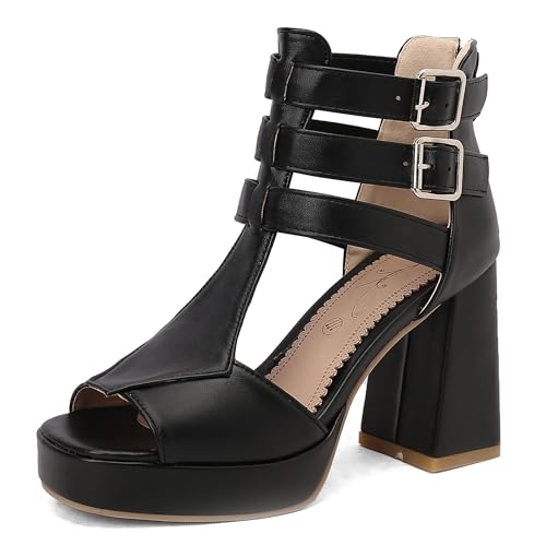 Lroey Reoly Damen Hohen Blockabsatz Sandals mit Plateau Square Toe Abendschuhe Ls1062 Schwarz Gr 38 EU von Lroey Reoly