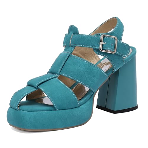 Lroey Reoly Damen Hohen Blockabsatz Sandals mit Plateau Square Toe Abendschuhe Ls1070 Blau Gr 38 EU von Lroey Reoly
