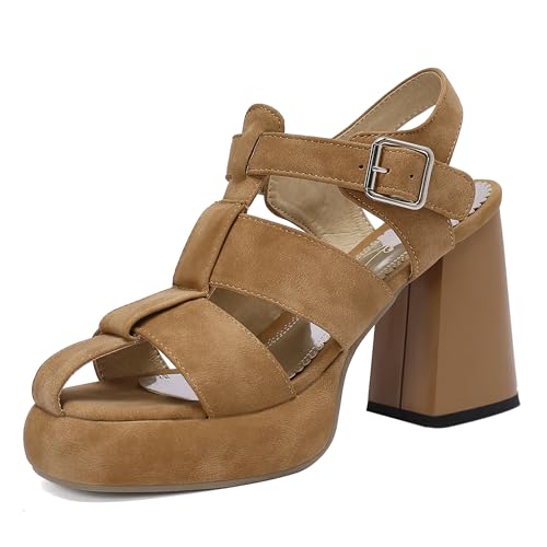 Lroey Reoly Damen Hohen Blockabsatz Sandals mit Plateau Square Toe Abendschuhe Ls1070 Braun Gr 36 EU von Lroey Reoly