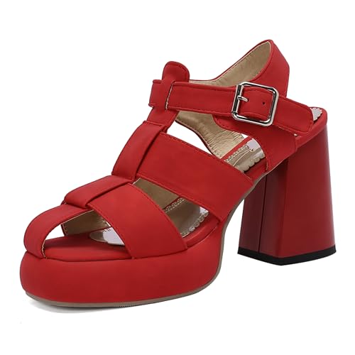 Lroey Reoly Damen Hohen Blockabsatz Sandals mit Plateau Square Toe Abendschuhe Ls1070 Rot Gr 42 EU von Lroey Reoly