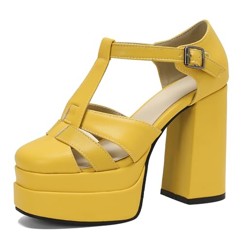 Lroey Reoly Damen Hohen Blockabsatz Sandals mit Plateau Square Toe Abendschuhe Ls1072 Gelb Gr 34 EU von Lroey Reoly