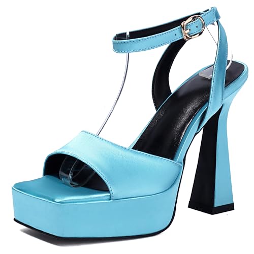 Lroey Reoly Damen Hohen Blockabsatz Sandals mit Plateau Square Toe Abendschuhe Ls868 Blau Gr 41 EU von Lroey Reoly