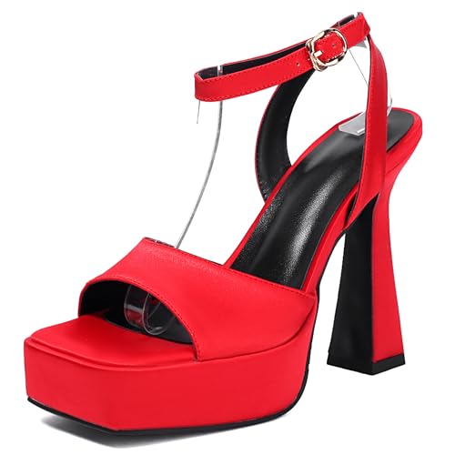 Lroey Reoly Damen Hohen Blockabsatz Sandals mit Plateau Square Toe Abendschuhe Ls868 Rot Gr 37 EU von Lroey Reoly