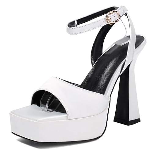 Lroey Reoly Damen Hohen Blockabsatz Sandals mit Plateau Square Toe Abendschuhe Ls868 Weiß Gr 37 EU von Lroey Reoly