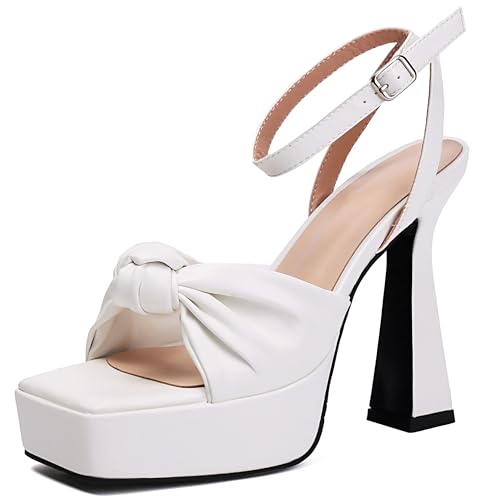Lroey Reoly Damen Hohen Blockabsatz Sandals mit Plateau Square Toe Kleid Sandale Ls865 Weiß Gr 42 EU von Lroey Reoly
