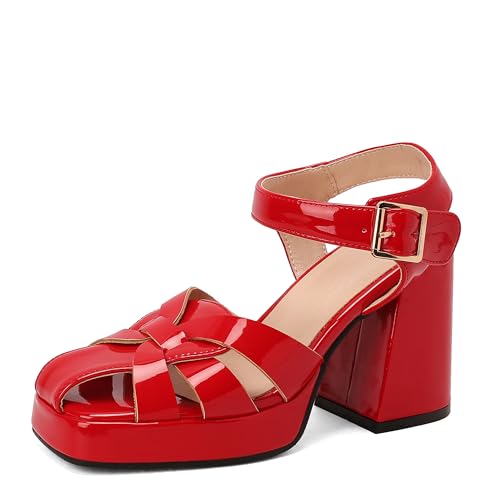 Lroey Reoly Damen Hohen Blockabsatz Sandals mit Plateau Square Toe Kleid Sandale Ls892 Rot Gr 41 EU von Lroey Reoly