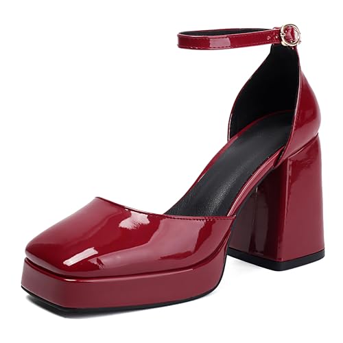 Lroey Reoly Damen Hohen Blockabsatz Sandals mit Plateau Square Toe Party-Sandale Ls1033 Rot Gr 40 EU von Lroey Reoly